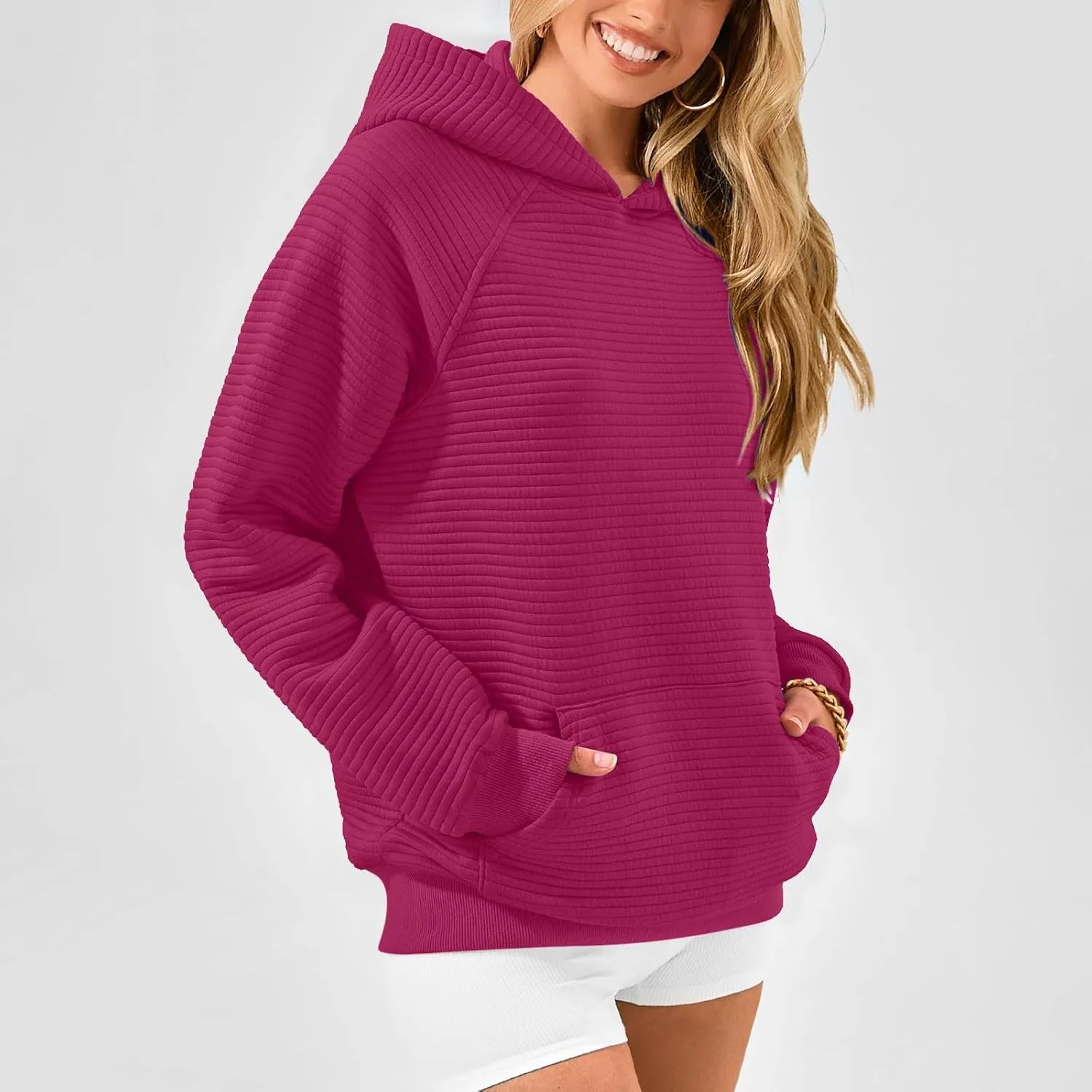 Women Hoodies Casual Hooded Oversized Sweatshirts with Large Pocket Raglan Long Sleeve Loose Solid Pullover Tops