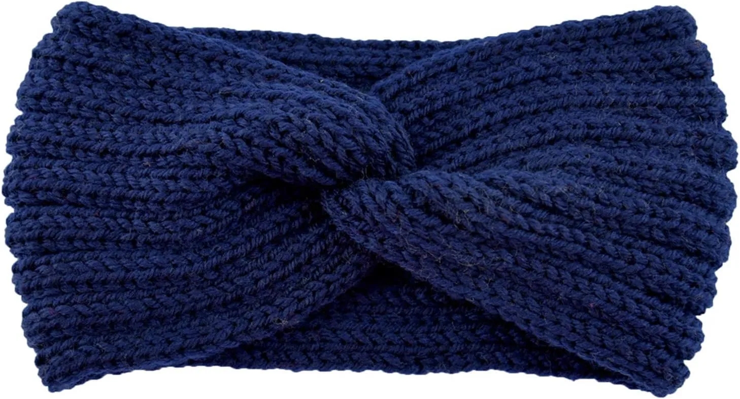 Women Mens Knitted Headbands Knotted Elastic Thermal Hairband Sport Yoga Workout Running Head Cover (Navy, One Size)