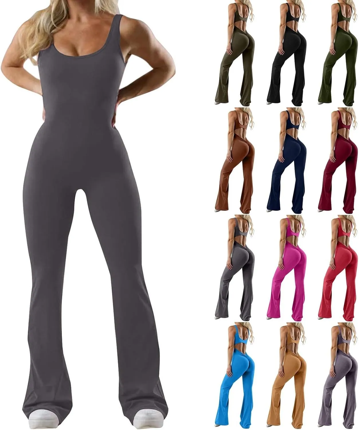 Women One Piece Jumpsuits Flare Jumpsuit with Bra Tummy Control Romper Workout Outfit Sleeveless Backless Bodysuit