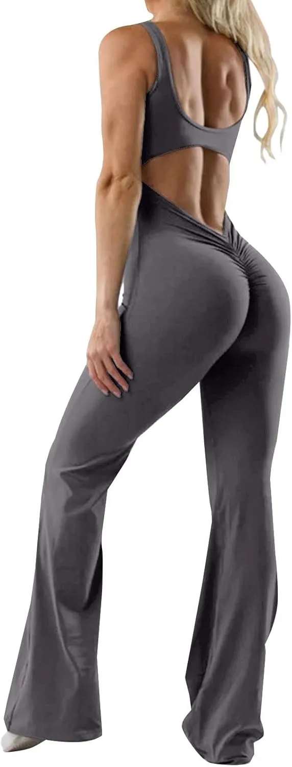 Women One Piece Jumpsuits Flare Jumpsuit with Bra Tummy Control Romper Workout Outfit Sleeveless Backless Bodysuit