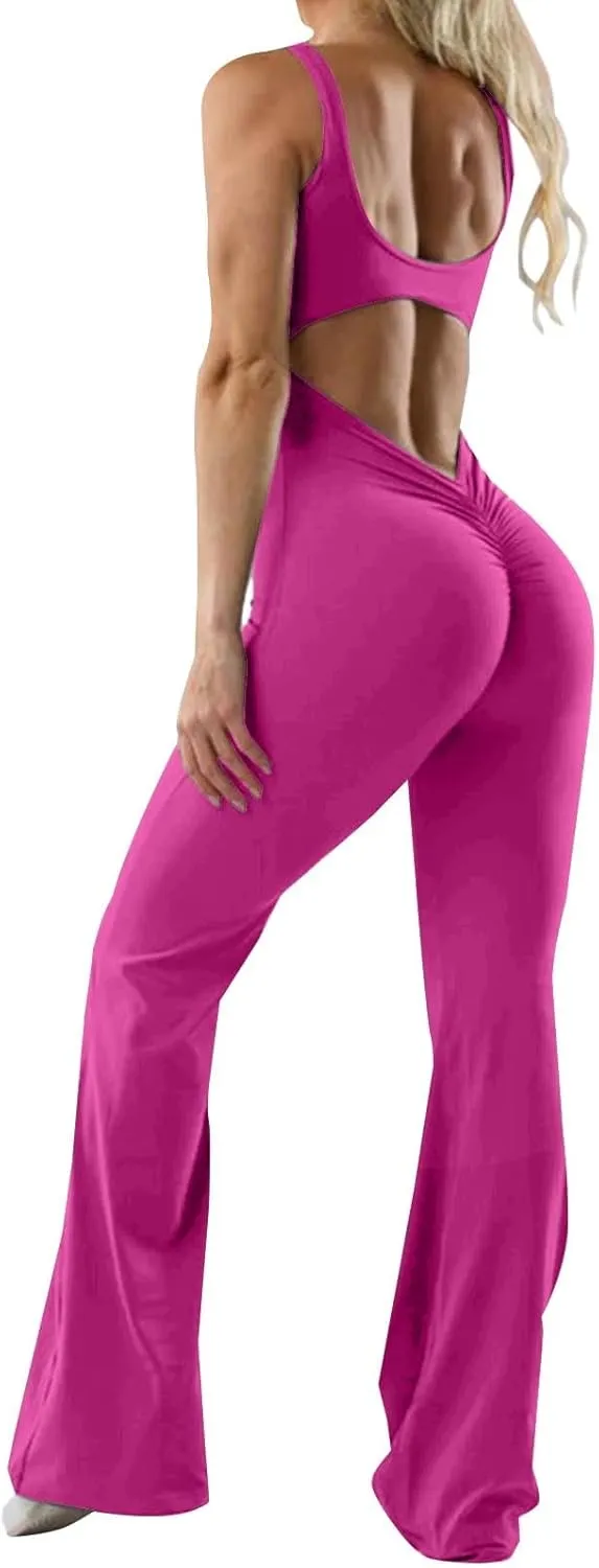 Women One Piece Jumpsuits Flare Jumpsuit with Bra Tummy Control Romper Workout Outfit Sleeveless Backless Bodysuit