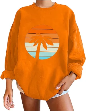 Women Oversized Tropical Palm Trees Graphic Sweatshirts Beach Vintage Style Fashion Long Sleeve Crewneck Pullovers