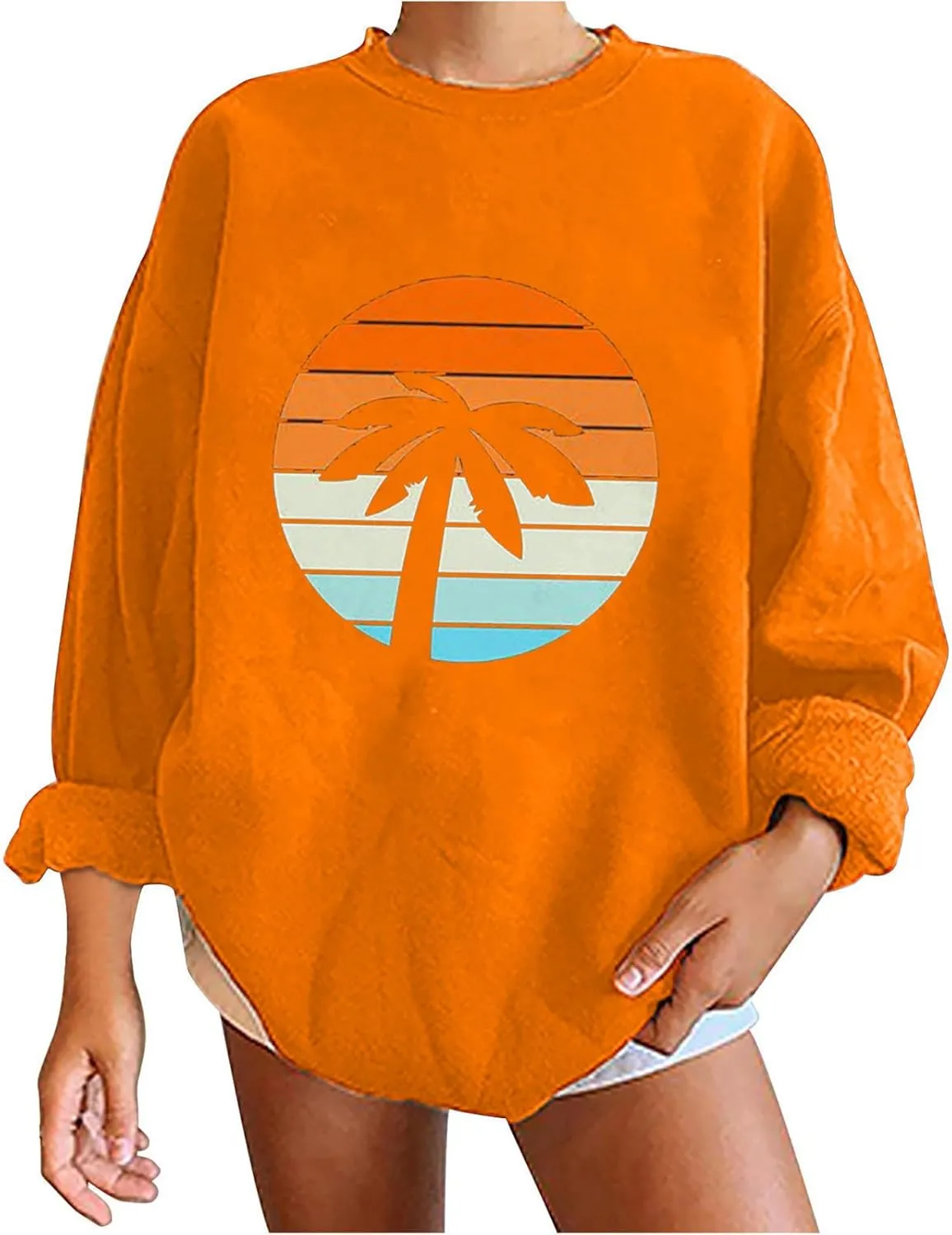 Women Oversized Tropical Palm Trees Graphic Sweatshirts Beach Vintage Style Fashion Long Sleeve Crewneck Pullovers