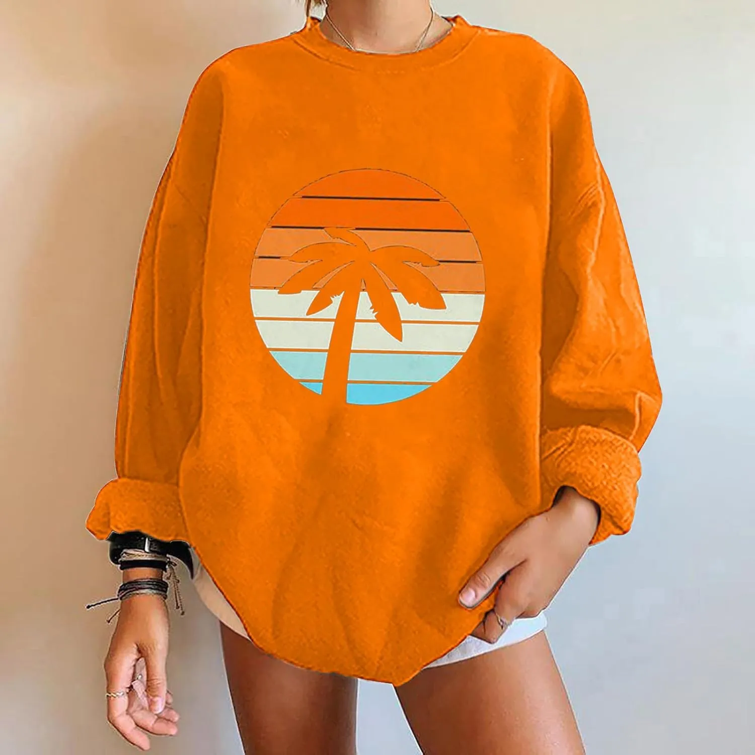 Women Oversized Tropical Palm Trees Graphic Sweatshirts Beach Vintage Style Fashion Long Sleeve Crewneck Pullovers