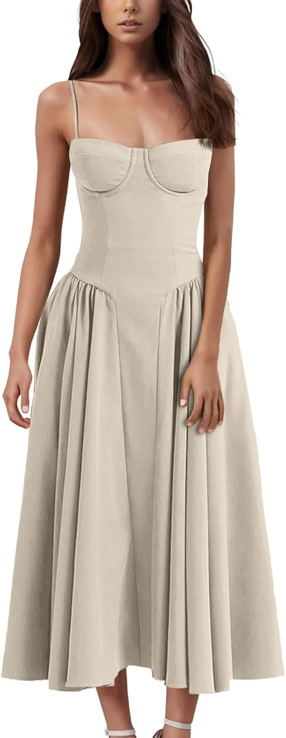 Women Sexy Sleeveless Off Shoulder Cami Dress Spaghetti Strap Corset Dress High Waist Casual Midi Evening Dress