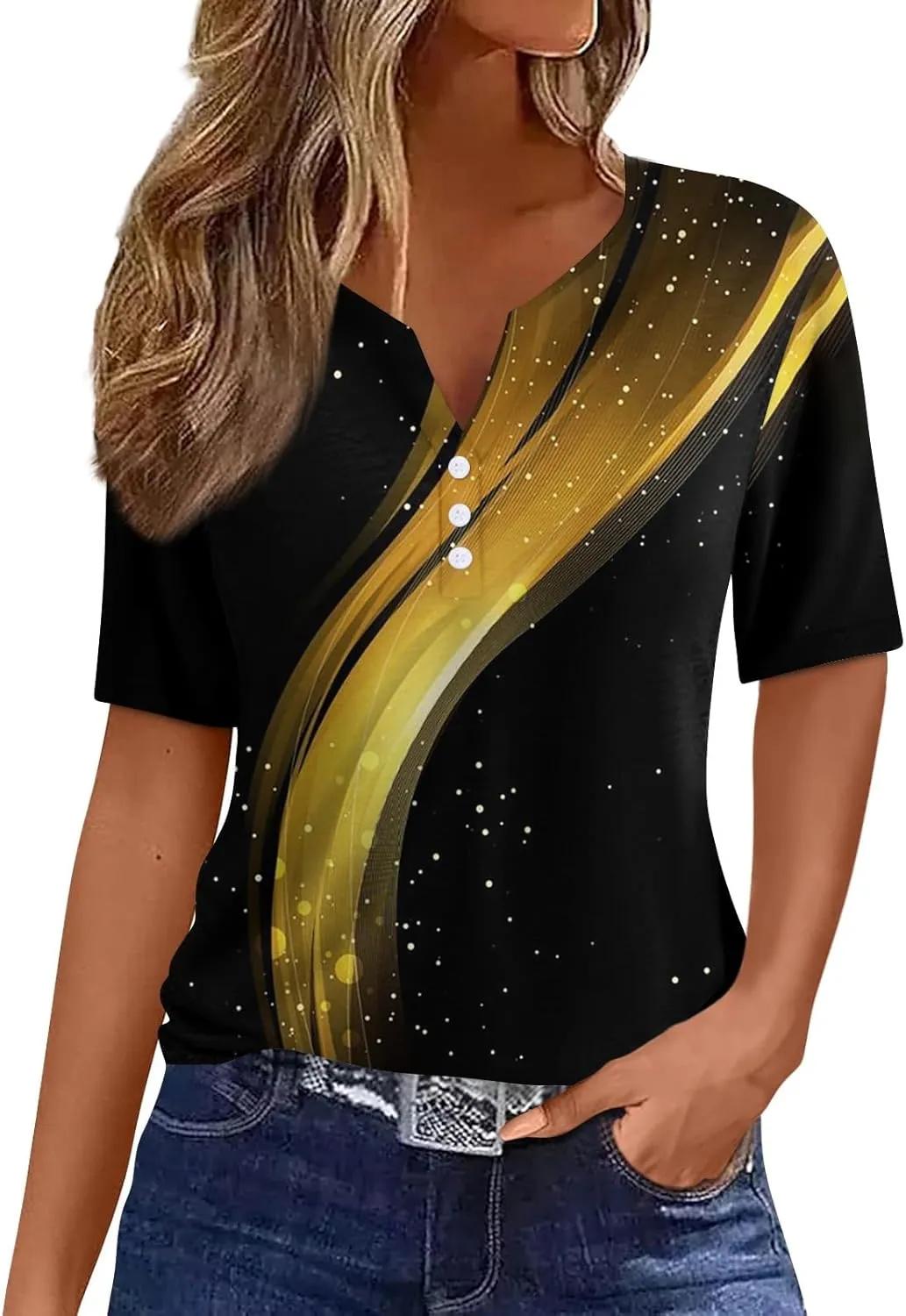Women Short Sleeve Tops 2024 Summer Casual V Neck Pullover Fashion Plus Size Blouse Tees Printed Button T Shirt