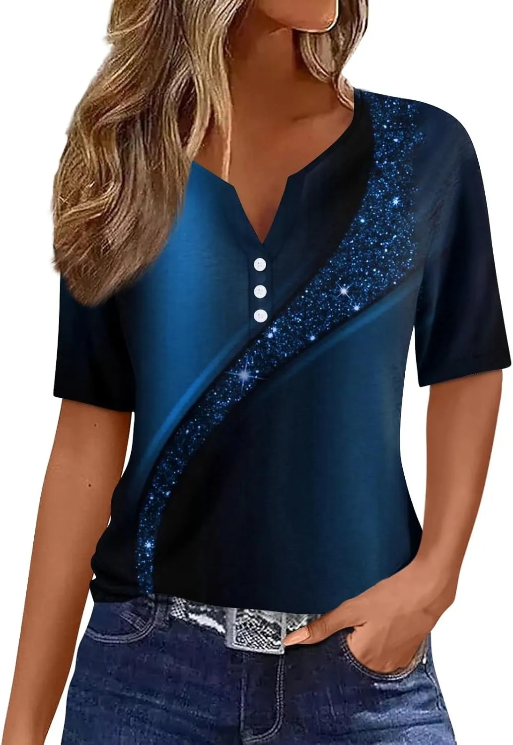 Women Short Sleeve Tops 2024 Summer Casual V Neck Pullover Fashion Plus Size Blouse Tees Printed Button T Shirt
