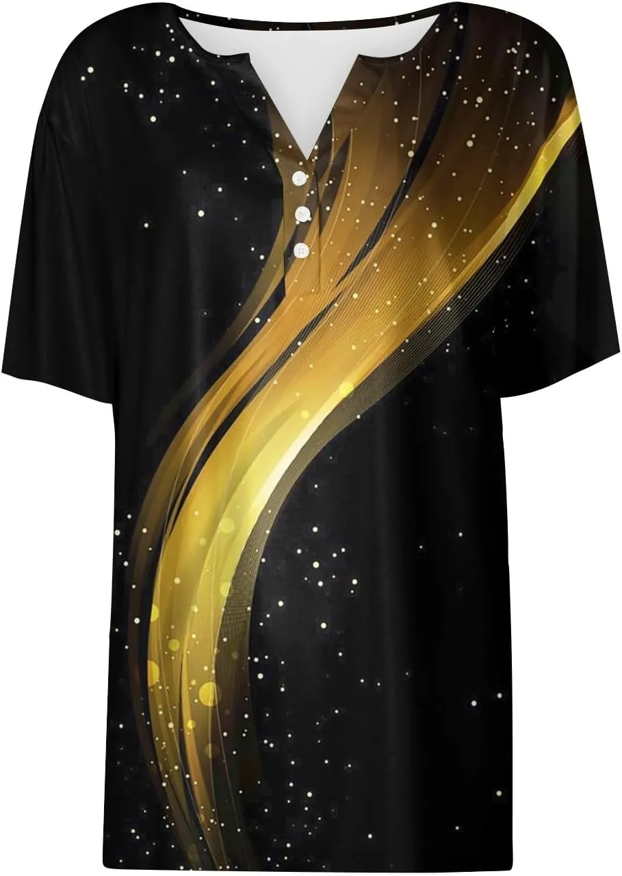 Women Short Sleeve Tops 2024 Summer Casual V Neck Pullover Fashion Plus Size Blouse Tees Printed Button T Shirt