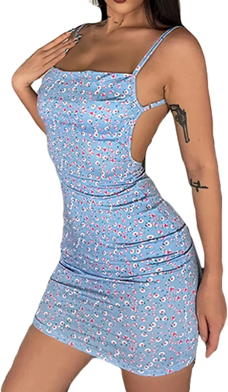 Women Summer Sexy Cami Mini Dress Floral Ruffle Y2K Fashion Sleeveless Midi Dress Split Backless Sundress