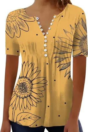 Women Summer Tops 2025 Fashion Short Sleeve V Neck Button Tshirt Boho Floral Printed Causal Dressy Waist Tighten Tee