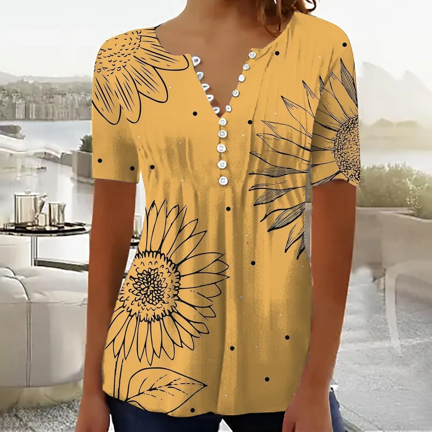 Women Summer Tops 2025 Fashion Short Sleeve V Neck Button Tshirt Boho Floral Printed Causal Dressy Waist Tighten Tee