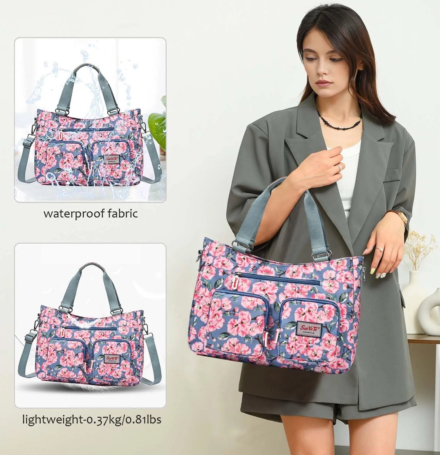 Women Utility Tote Bag Teacher Purses and Handbags for Nurse Waterproof Nylon Multi Pocket Shoulder Bag Work Tote Bag