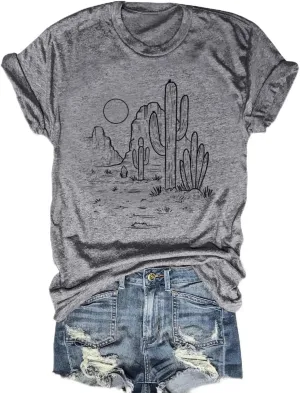 Women Vintage T Shirt Short Sleeve Summer Cactus Tshirt Funny Graphic Tees