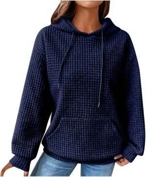 Women Waffle Casual Hoodie Long Sleeves Fashion Drawstring Pullover Sweatshirts Loose Fit Tunic Winter Tops Comy Shirt