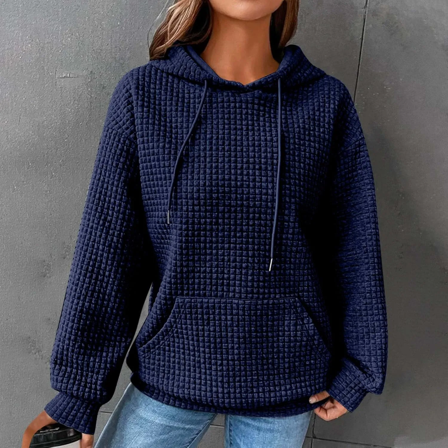 Women Waffle Casual Hoodie Long Sleeves Fashion Drawstring Pullover Sweatshirts Loose Fit Tunic Winter Tops Comy Shirt