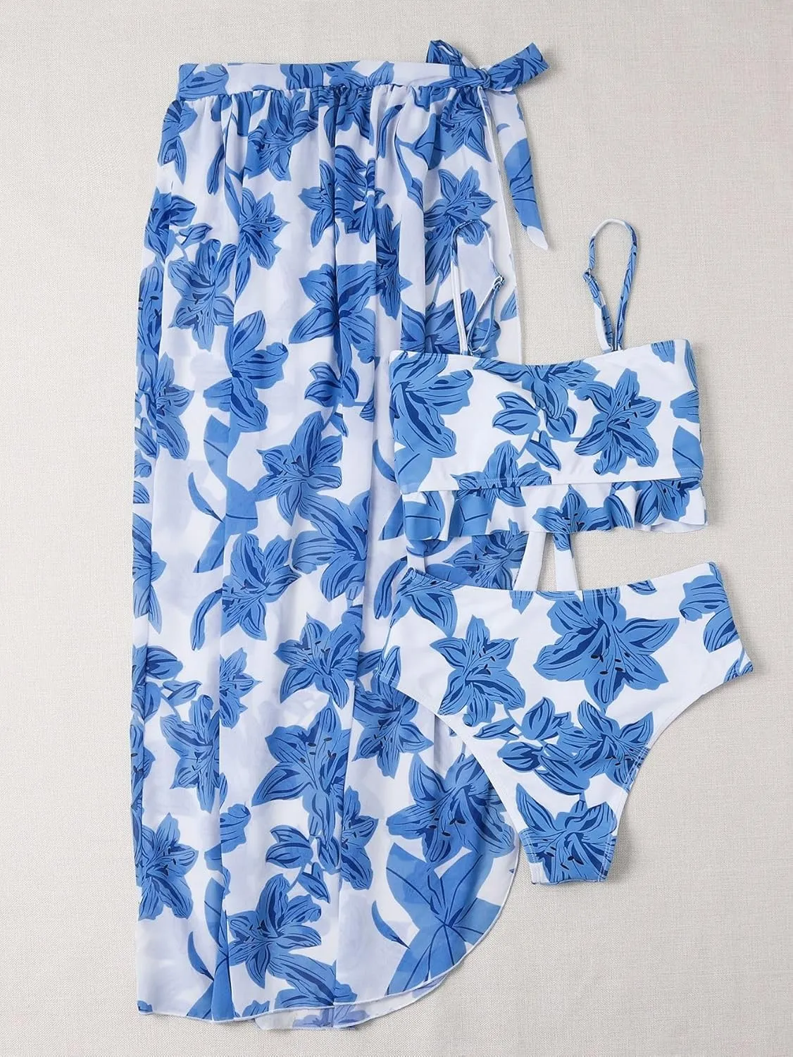 Women's 2 Piece Swimsuit Cover Up Bikini Floral Boho Ruffle with Maxi Mesh Sheer Skirt Bathing Suit