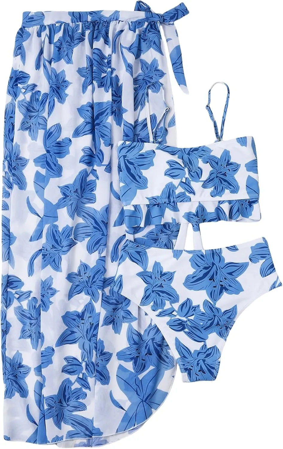 Women's 2 Piece Swimsuit Cover Up Bikini Floral Boho Ruffle with Maxi Mesh Sheer Skirt Bathing Suit