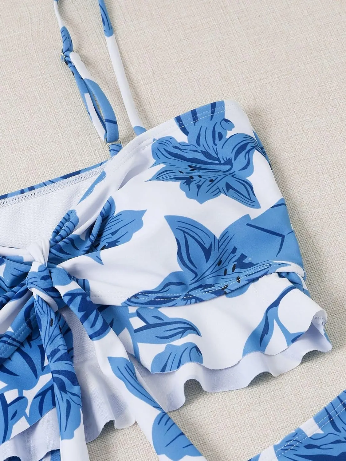 Women's 2 Piece Swimsuit Cover Up Bikini Floral Boho Ruffle with Maxi Mesh Sheer Skirt Bathing Suit