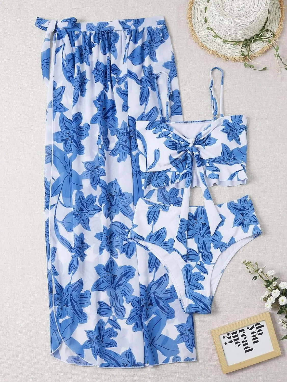 Women's 2 Piece Swimsuit Cover Up Bikini Floral Boho Ruffle with Maxi Mesh Sheer Skirt Bathing Suit