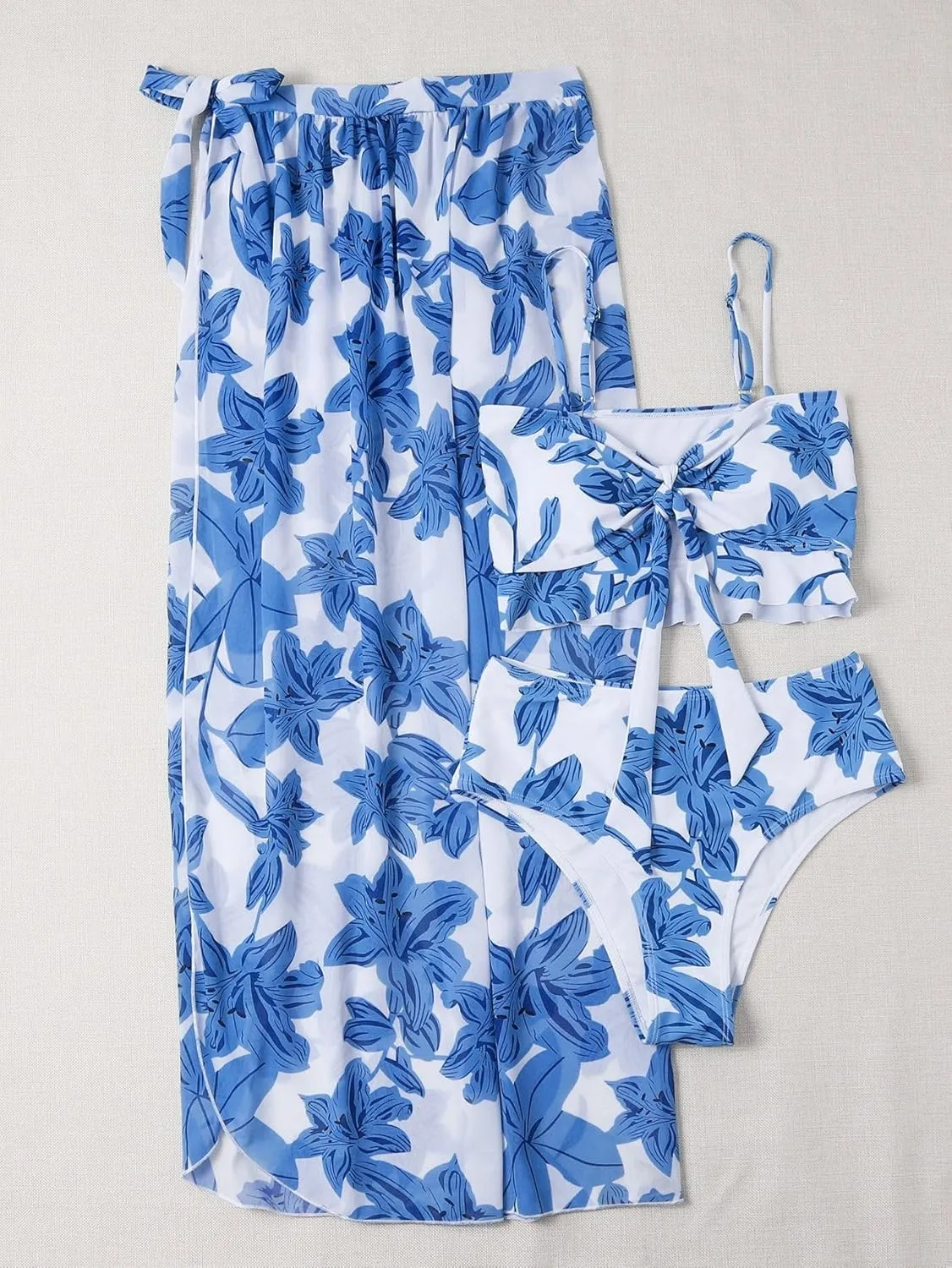 Women's 2 Piece Swimsuit Cover Up Bikini Floral Boho Ruffle with Maxi Mesh Sheer Skirt Bathing Suit