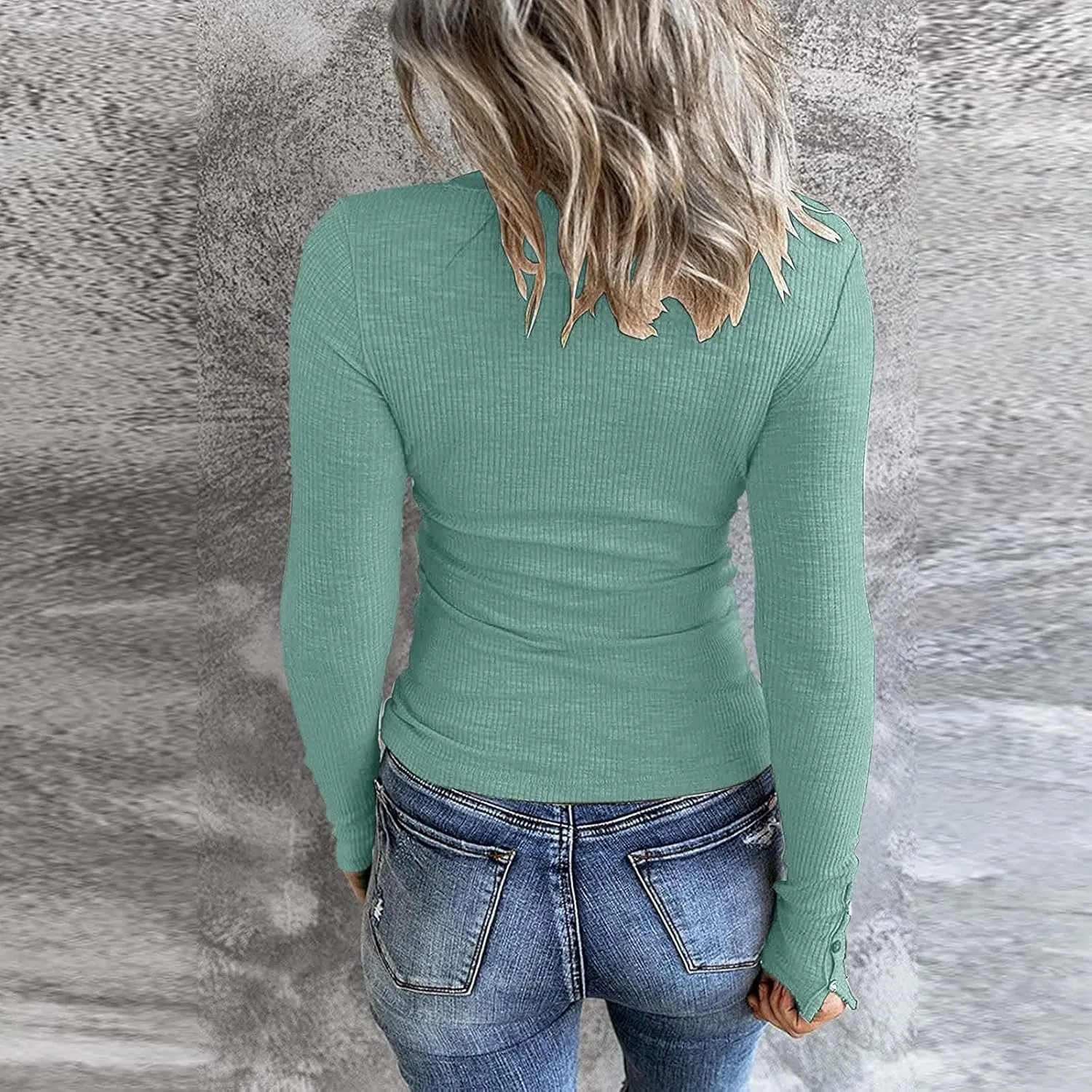 Women's 2023 Fall Long Sleeve Henley T Shirts Button Down Slim Fitted Tops Scoop Neck Ribbed Knit Casual Basic Shirts