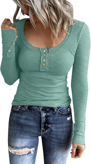Women's 2023 Fall Long Sleeve Henley T Shirts Button Down Slim Fitted Tops Scoop Neck Ribbed Knit Casual Basic Shirts