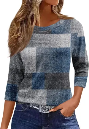 Womens 3/4 Length Sleeve Fall Blouses Dressy Casual Tunic Tops Crew Neck T Shirts 2024 Trendy Ladies Clothing