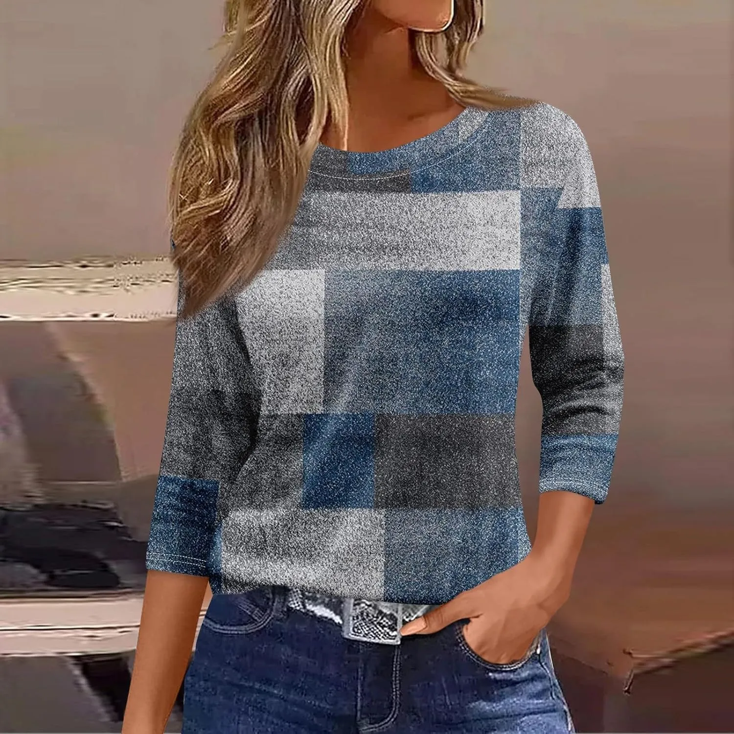 Womens 3/4 Length Sleeve Fall Blouses Dressy Casual Tunic Tops Crew Neck T Shirts 2024 Trendy Ladies Clothing