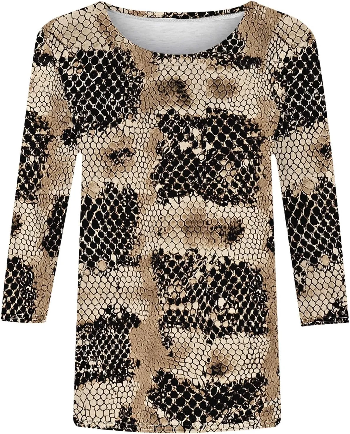 Womens 3/4 Sleeve Top, Fashion Snake Skin Print Casual Loose Fit Crew Neck Shirt, Trendy Printed T-Shirt Blouses