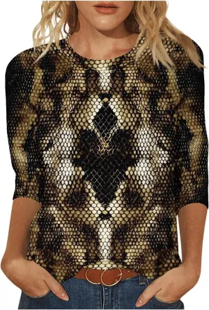 Womens 3/4 Sleeve Top, Fashion Snake Skin Print Casual Loose Fit Crew Neck Shirt, Trendy Printed T-Shirt Blouses