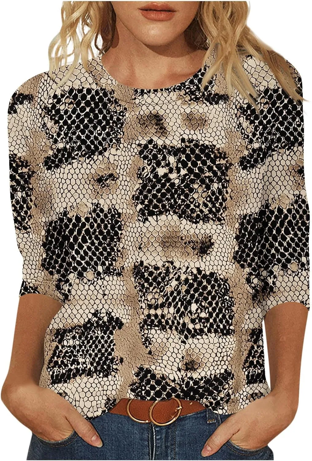 Womens 3/4 Sleeve Top, Fashion Snake Skin Print Casual Loose Fit Crew Neck Shirt, Trendy Printed T-Shirt Blouses