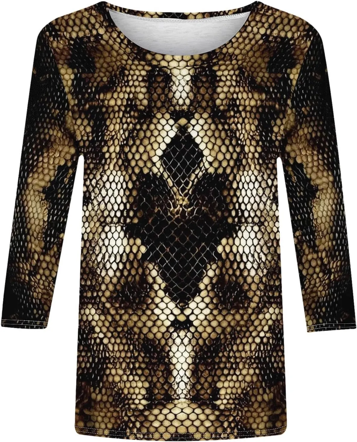Womens 3/4 Sleeve Top, Fashion Snake Skin Print Casual Loose Fit Crew Neck Shirt, Trendy Printed T-Shirt Blouses