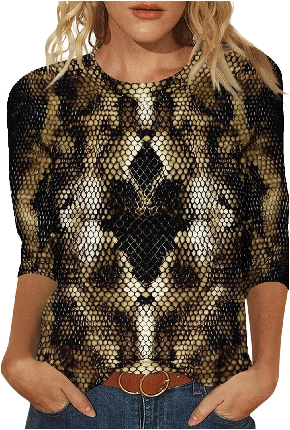 Womens 3/4 Sleeve Top, Fashion Snake Skin Print Casual Loose Fit Crew Neck Shirt, Trendy Printed T-Shirt Blouses