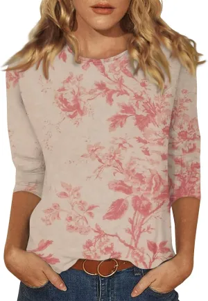 Womens 3/4 Sleeve Tops 2025 Spring Summer Print Round Neck Shirts Loose Fit Fashion Three Quarter Sleeve Tshirts