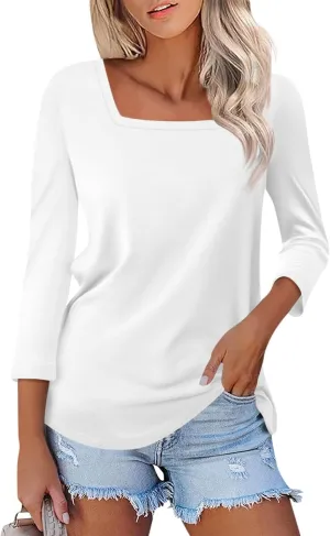 Womens 3/4 Sleeve Tops and Blouses Square Neck Holiday Cute Shirts Dressy Casual Three Quarter Workout Tunic Tops