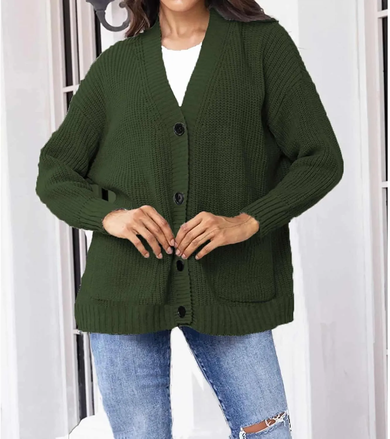 Women's Autumn Sweater Trendy Solid Knitted Button Down Long Sleeve Warm Loose Cardigan Winter Thick Crochet Coats