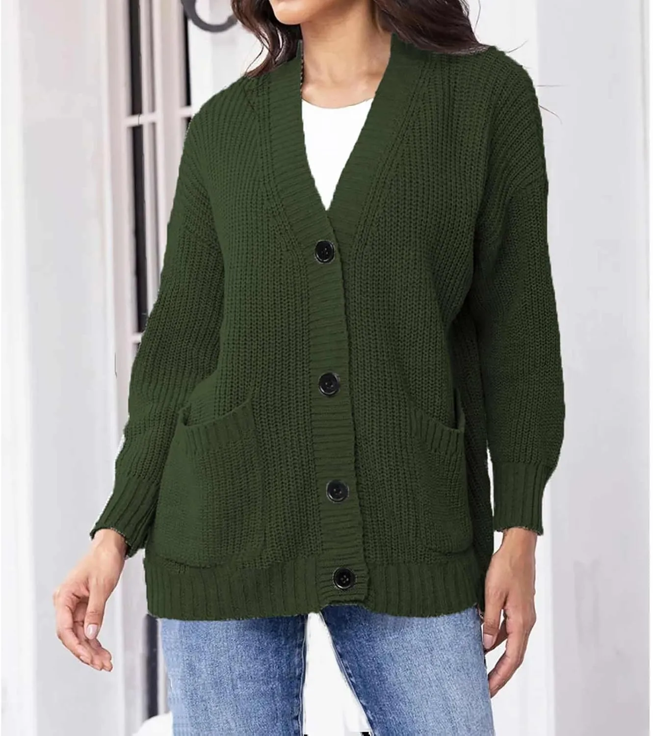 Women's Autumn Sweater Trendy Solid Knitted Button Down Long Sleeve Warm Loose Cardigan Winter Thick Crochet Coats
