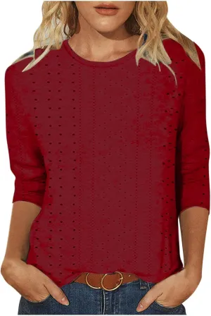 Womens Blouses Casual 3/4 Length Sleeve Cute Solid Color Summer T Shirts Round Neck Loose Comfy Fit Tee Shirts