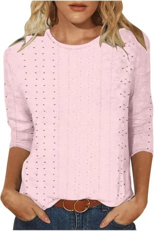 Womens Blouses Casual 3/4 Length Sleeve Cute Solid Color Summer T Shirts Round Neck Loose Comfy Fit Tee Shirts