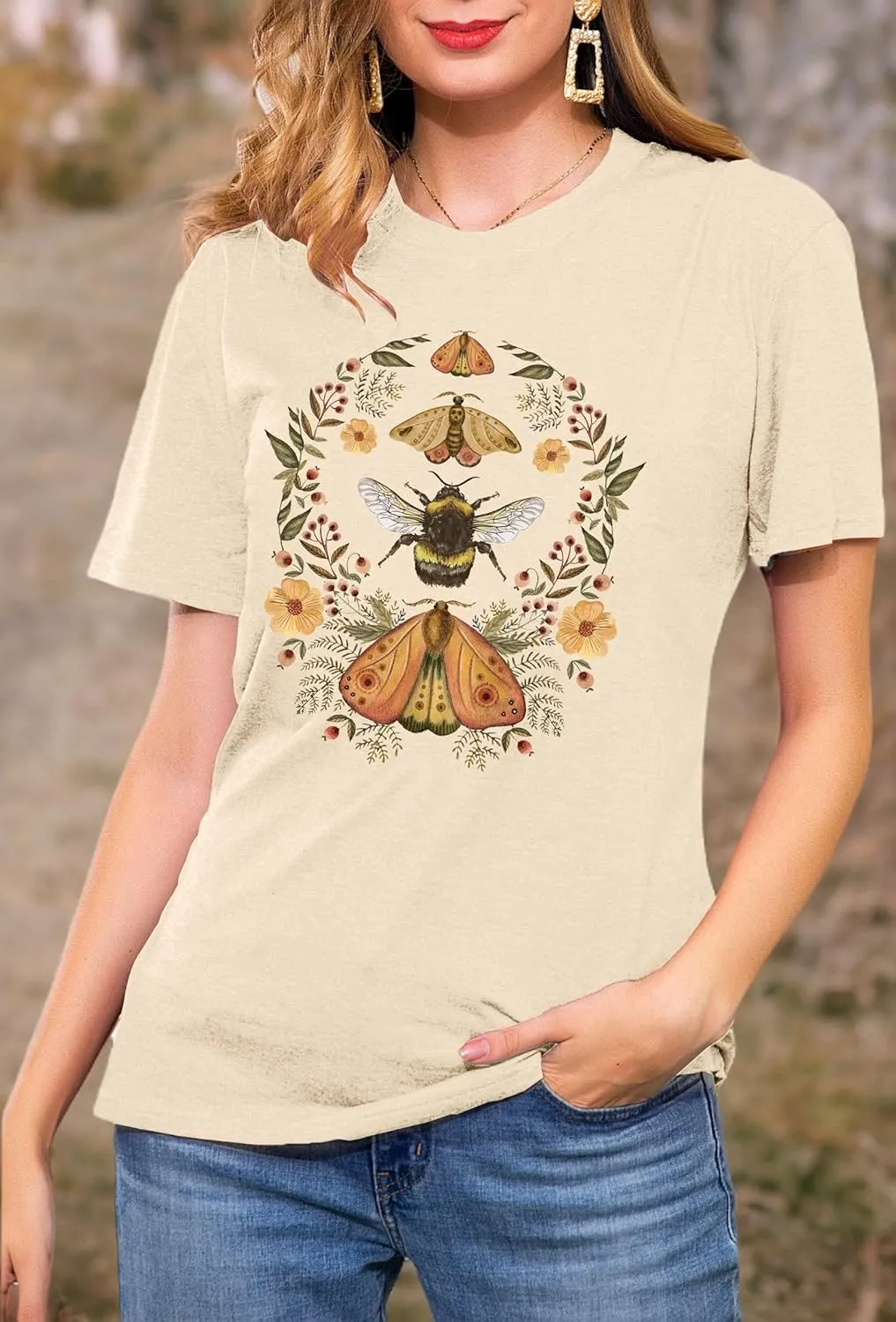 Women's Boho Butterflies Shirts Moon Moth Flower Tshirt Botanical Bee Print Tee Nature Lovers Tops