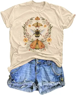 Women's Boho Butterflies Shirts Moon Moth Flower Tshirt Botanical Bee Print Tee Nature Lovers Tops