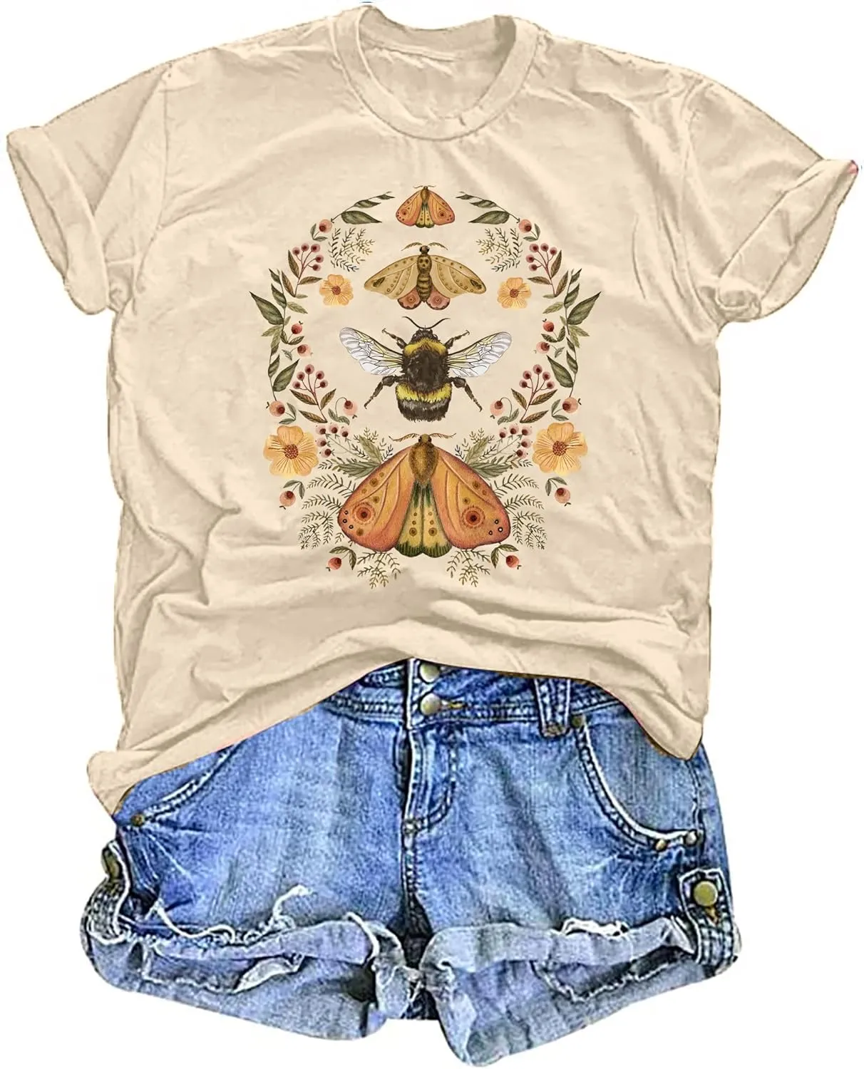 Women's Boho Butterflies Shirts Moon Moth Flower Tshirt Botanical Bee Print Tee Nature Lovers Tops