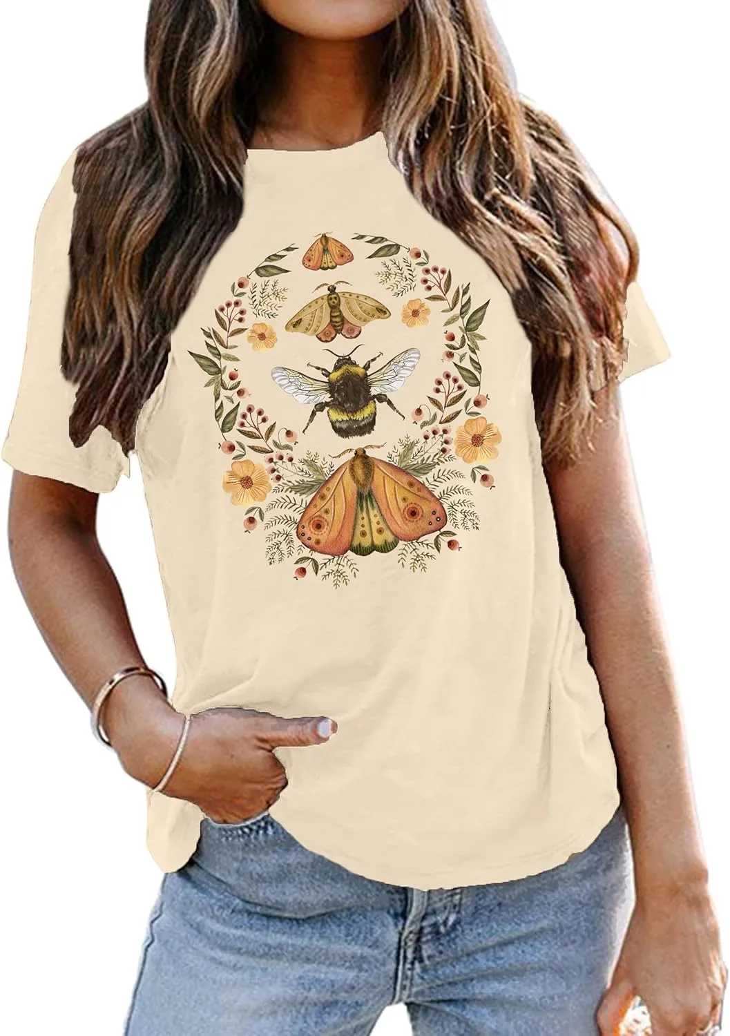 Women's Boho Butterflies Shirts Moon Moth Flower Tshirt Botanical Bee Print Tee Nature Lovers Tops