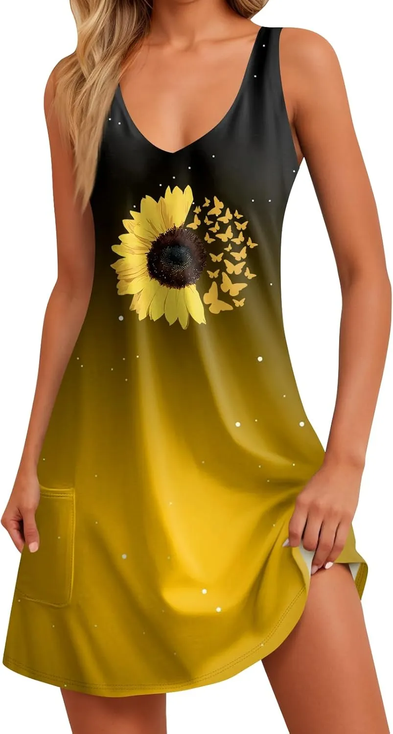 Women's Boho Sunflowers Print Trendy V Neck Sundresses Summer Beach Vacation Sleeveless Tunic Dresses