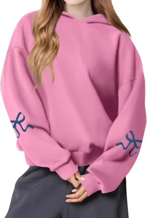 Women's Bow Print Hoodies 2025 Spring Trendy Long Sleeve Sweatshirts Cute Preppy Clothes Casual Graphic Pullover Tops