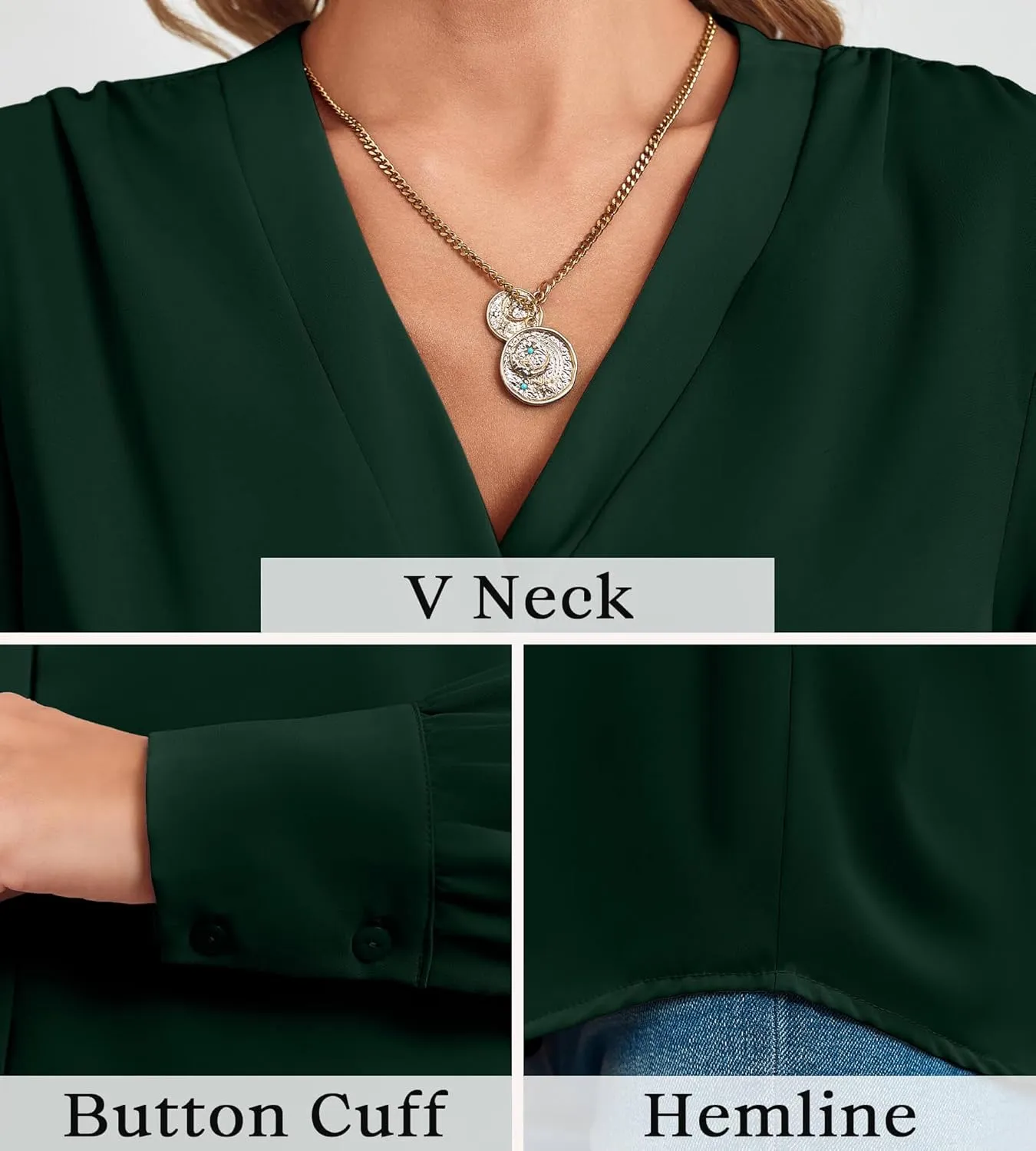Women's Business Casual Tops Summer Long Sleeve Silk Button Down Shirts V Neck Chiffon Blouses