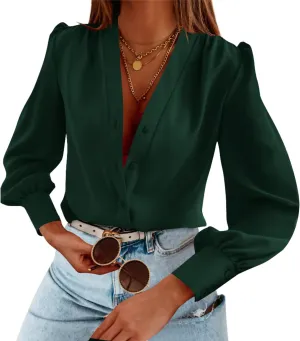 Women's Business Casual Tops Summer Long Sleeve Silk Button Down Shirts V Neck Chiffon Blouses