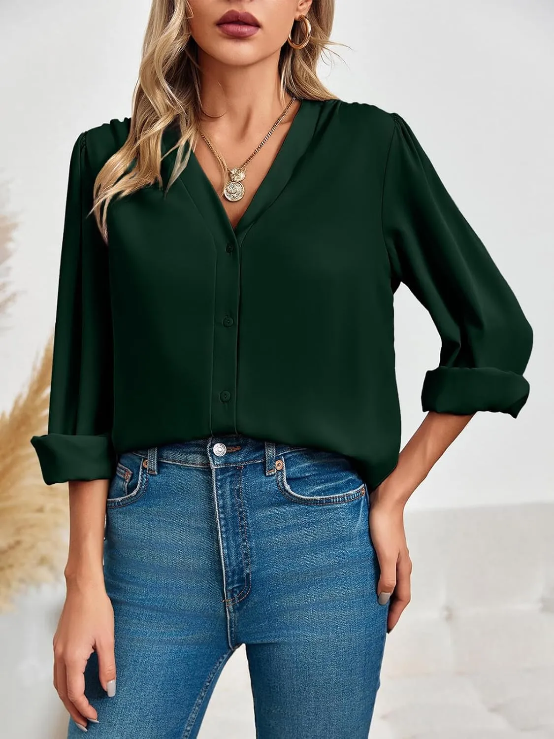 Women's Business Casual Tops Summer Long Sleeve Silk Button Down Shirts V Neck Chiffon Blouses