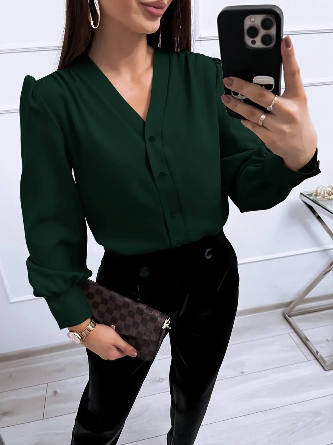Women's Business Casual Tops Summer Long Sleeve Silk Button Down Shirts V Neck Chiffon Blouses
