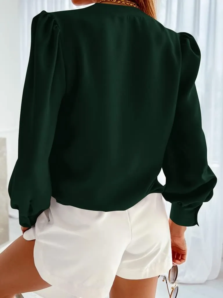 Women's Business Casual Tops Summer Long Sleeve Silk Button Down Shirts V Neck Chiffon Blouses